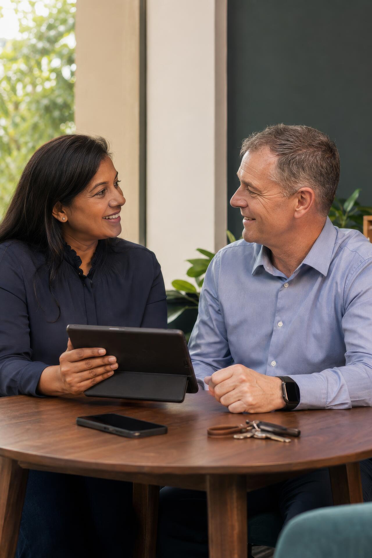 Two colleagues in an office talking over a tablet at a round table