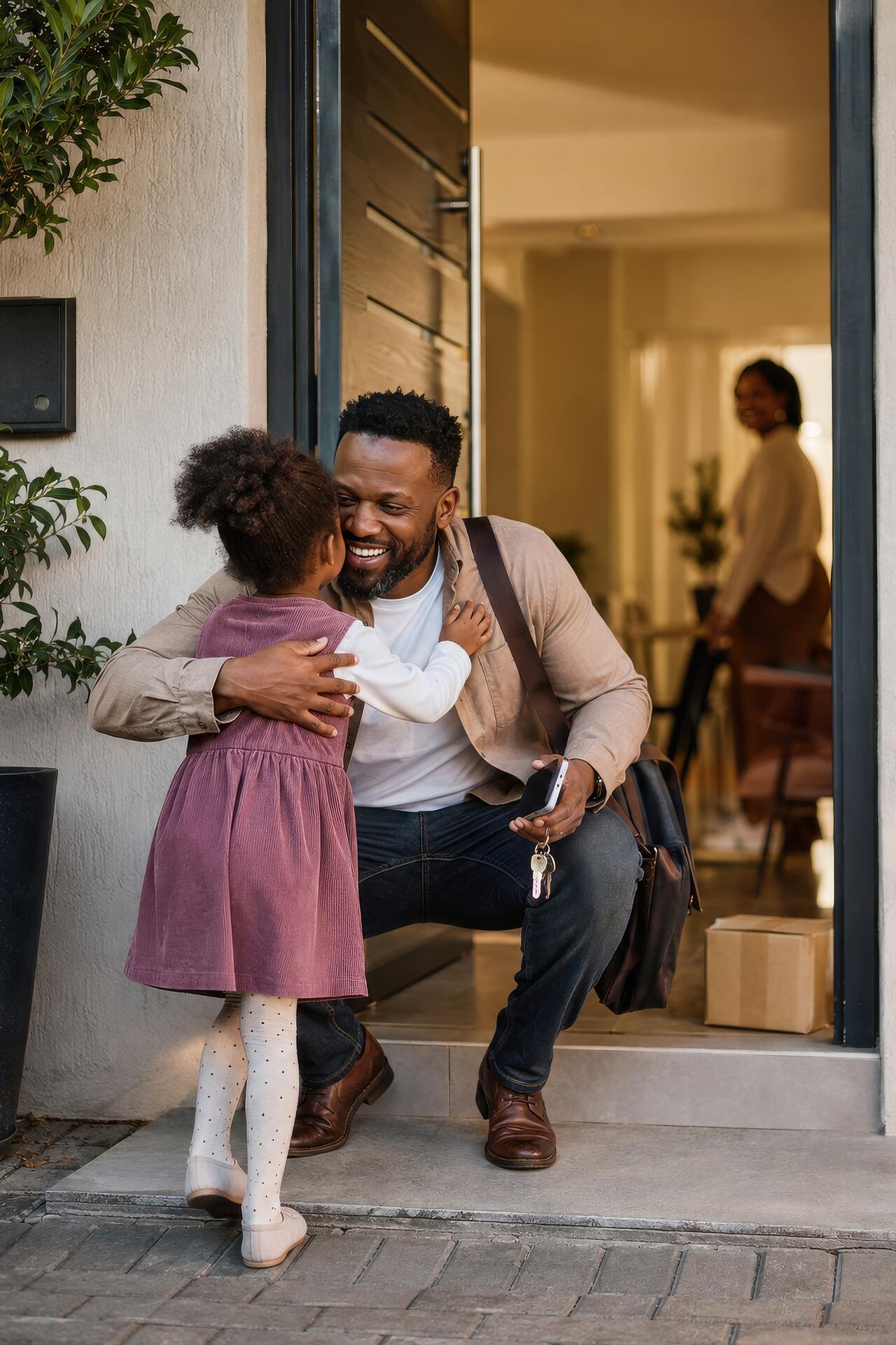 A man arriving home, crouching to hug his daughter in the doorway, keys and bag still in hand